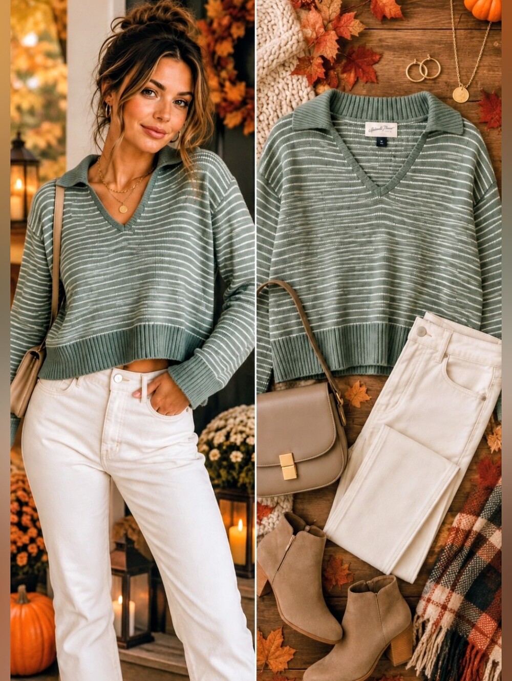 Sage Green White Striped Collared Cropped Sweater Medium Fall Christmas Holiday